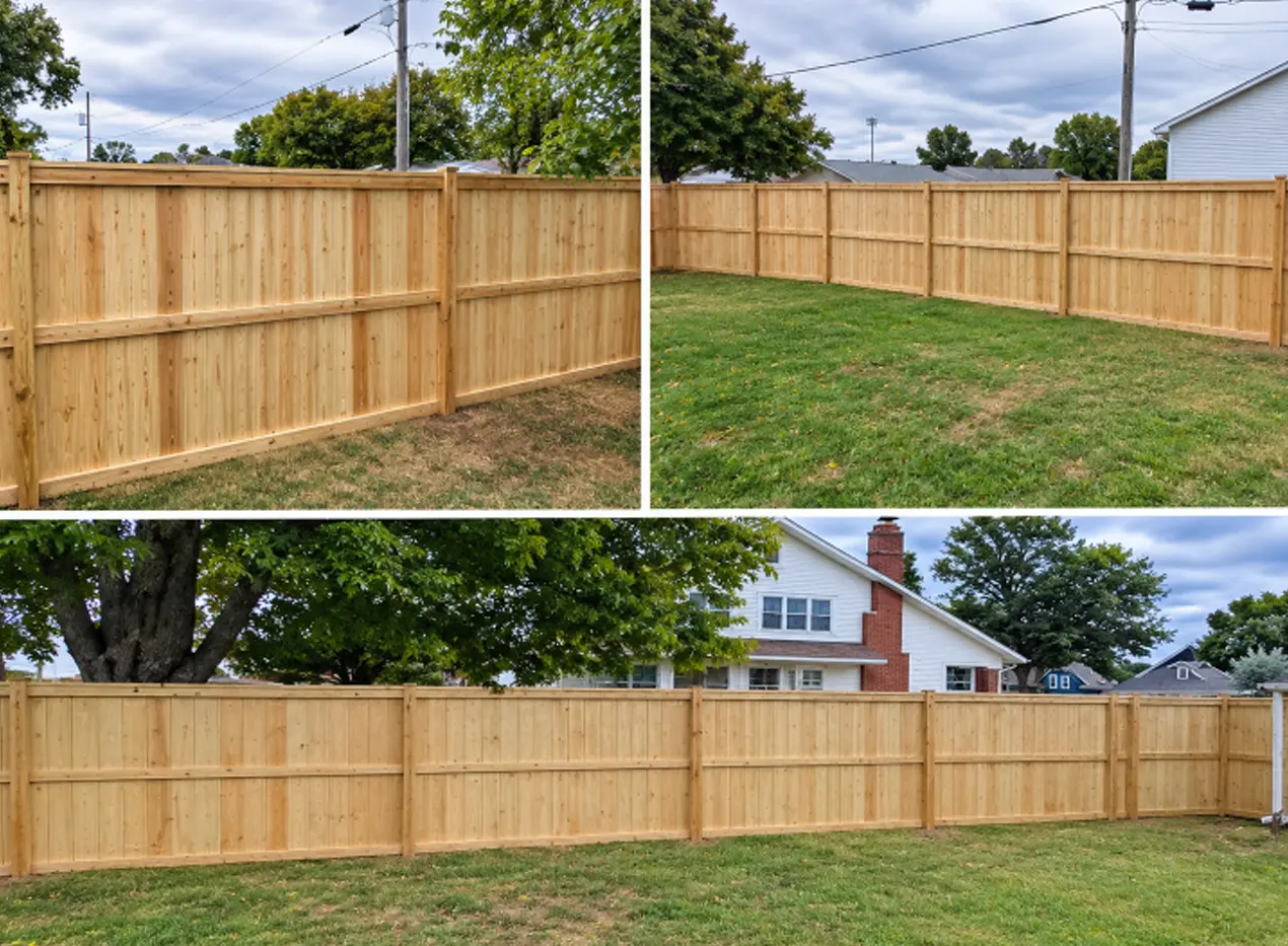 Three views of a wood privacy fence with vertical boards and horizontal support rails enclosing a backyard